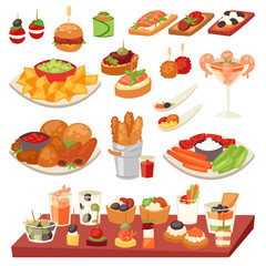 Appetizer vector appetizing food and snack meal or starter and canape illustration set of appetiser with cheese and bread for lunch isolated on white background - 199372292