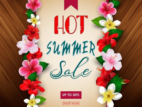Hot summer sale banner template with tropical flowers. Up to 50%