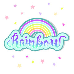 Rainbow isolated on background. Hand drawn lettering as Rainbow logo, patch, sticker, badge, icon, lgbt community symbol. Template for Happy birthday, party invitation, greeting card, web, postcard.