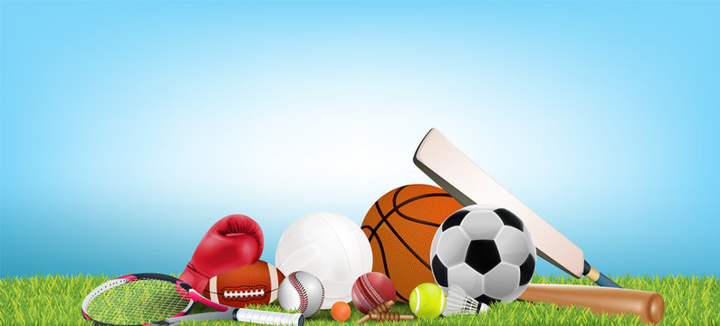 Recreation leisure sports equipment with a football basketball baseball soccer tennis ball volleyball boxing gloves cricket and badminton as a symbol of healthy on green background. illustration.