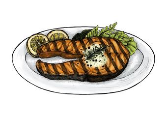 Hand drawn grilled fish steak