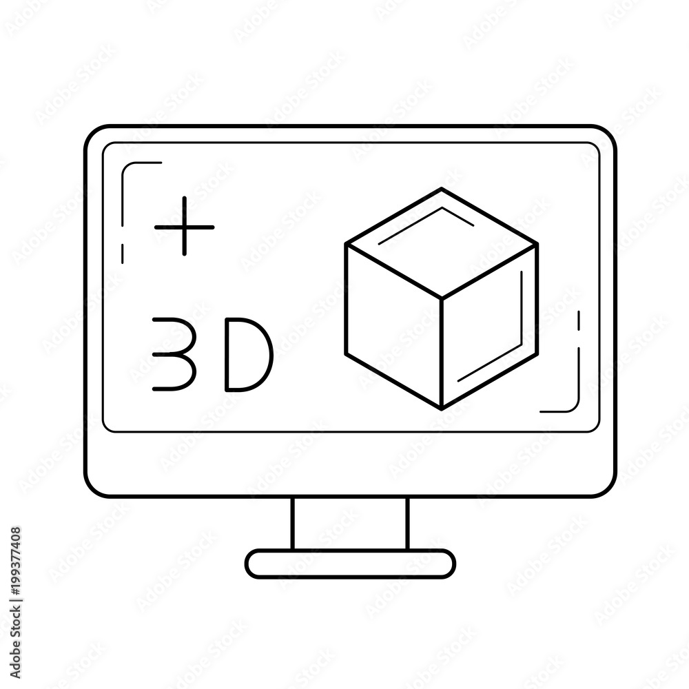 Poster computer monitor with 3d box vector line icon isolated on white background