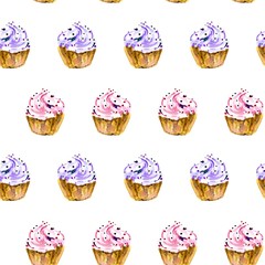 Seamless pattern with hand painted watercolor sweet cupcake on white backgruond