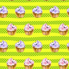 Seamless pattern with hand painted watercolor sweet cupcake on striped backgruond