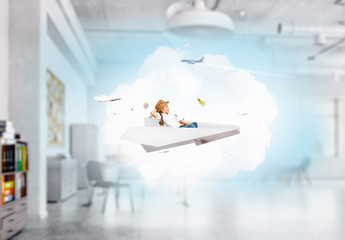 Child dreaming to be pilot. Mixed media