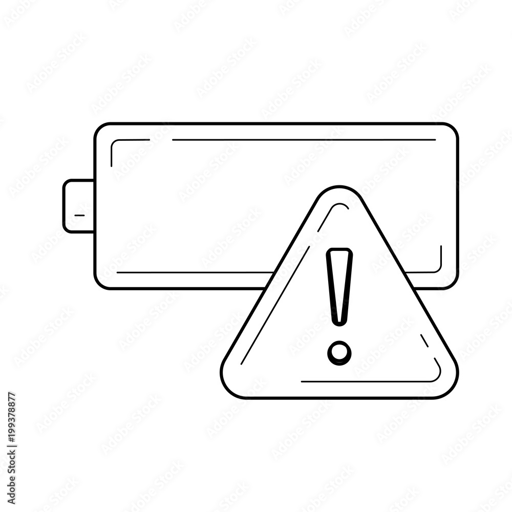 Poster empty battery with exclamation point vector line icon isolated on white background. battery with low