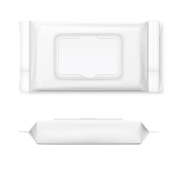 Set of wet wipes flow packs with realistic transparent shadows on white background. Vector template for your design. EPS10.