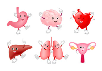 Set of funny cute cartoon internal organs. Healthy characters of brain, lung, stomach, heart, liver and uterus.  Illustration isolated on white background.