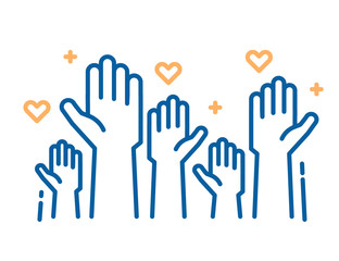 Volunteers and charity work. Raised helping hands. Vector thin line icon illustrations with a crowd of people ready and available to help and contribute. Positive foundation, business, service.