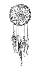 Vector illustration with hand drawn dream catcher. Feathers and beads.