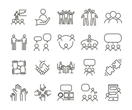 Vector thin line icon illustration set. Teamwork and people interacting, communicating and working together for business companies or other nonprofit organizations.