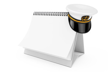 Naval Officer, Admiral, Navy Ship Captain Hat over Blank Paper Desk Spiral Calendar. 3d Rendering