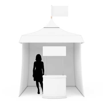 recommend clip art: Blank Promotion Stand with Woman Silhouette near Promotional Advertising Outdoor Event Tent with Flag. 3d Rendering