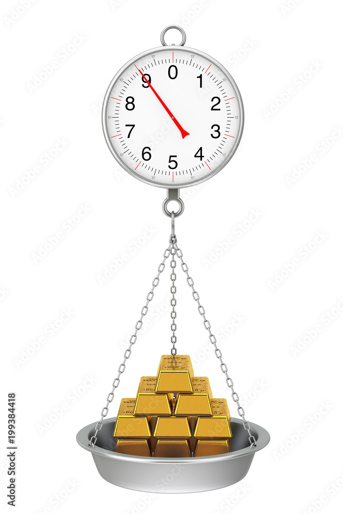 Poster Hanging Weight Scale with Stack of Golden Bars. 3d Rendering