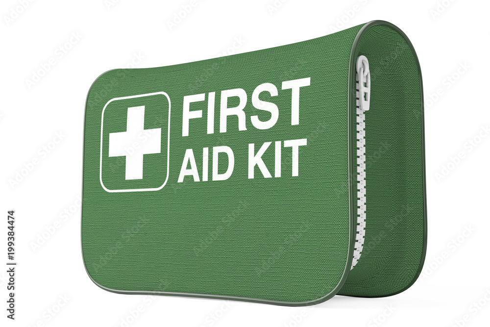 Poster green first aid kit soft bag with white cross. 3d rendering