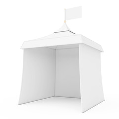 White Promotional Advertising Outdoor Event Trade Show Mockup Tent with Flag. 3d Rendering