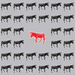 Donkeys - seamless pattern background.
Template with cute animals. Vector illustration and large raster image. Concept of stubbornness, uniqueness and originality.