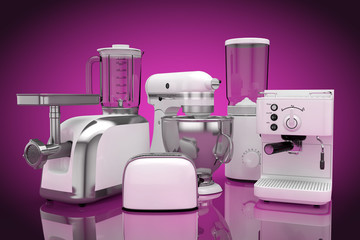Kitchen Appliances Set. White Blender, Toaster, Coffee Machine, Meat Ginder, Food Mixer and Coffee Grinder. 3d Rendering