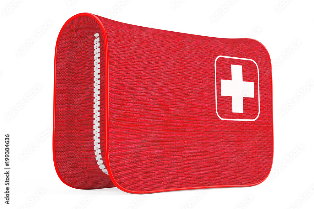 Poster red first aid kit soft bag with white cross. 3d rendering
