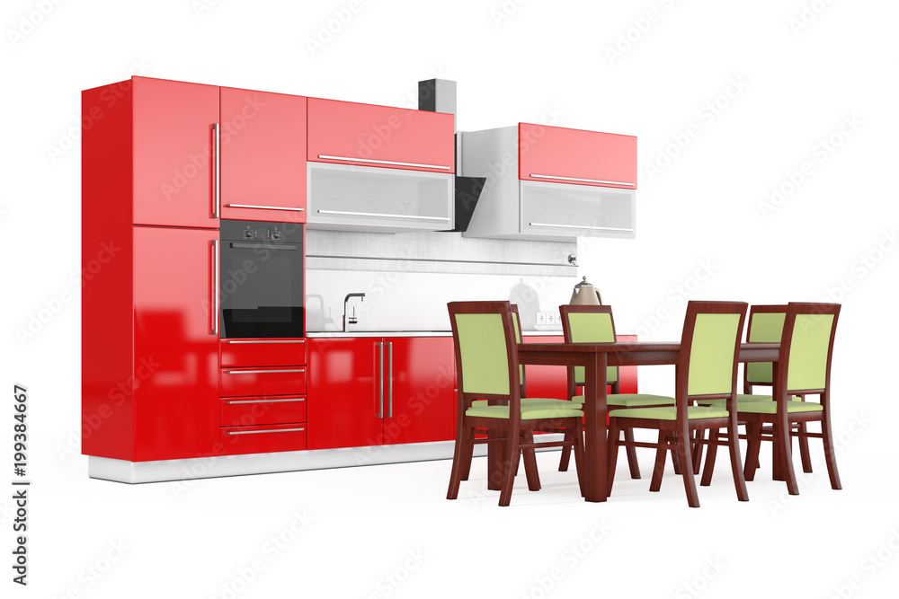 Aufkleber table and chairs in front of modern red kitchen furniture with kitchenware. 3d rendering