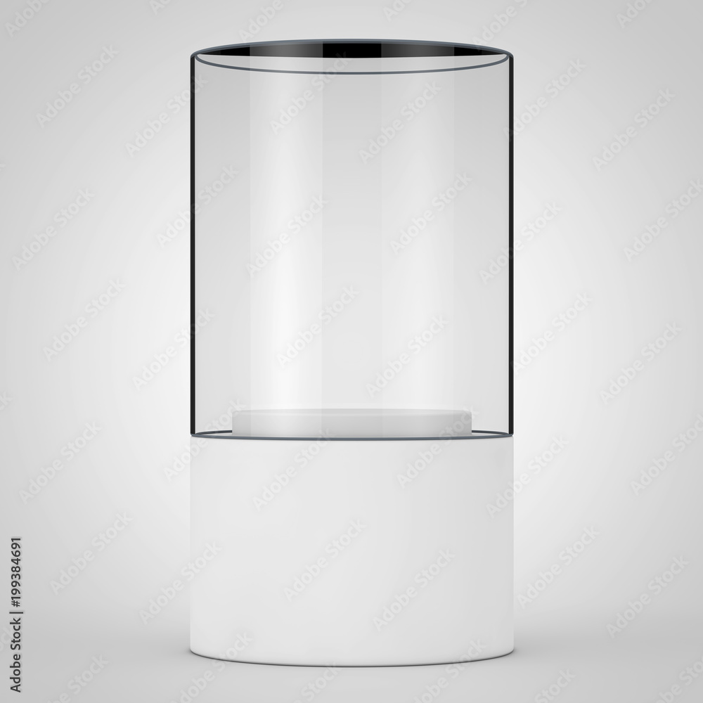 Poster empty promotion glass showcase with pedestal. 3d rendering