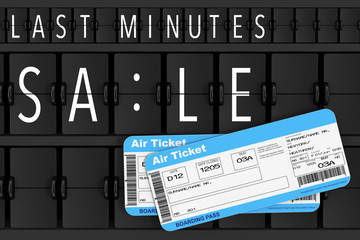 Airline Boarding Pass Tickets in front of Last Minutes Sale Sign over Flip Scoreboard Airport Panel. 3d Rendering