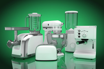 Kitchen Appliances Set. White Blender, Toaster, Coffee Machine, Meat Ginder, Food Mixer and Coffee Grinder. 3d Rendering