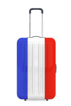 Travel to France Concep. Suitcase with France Flag. 3d Rendering