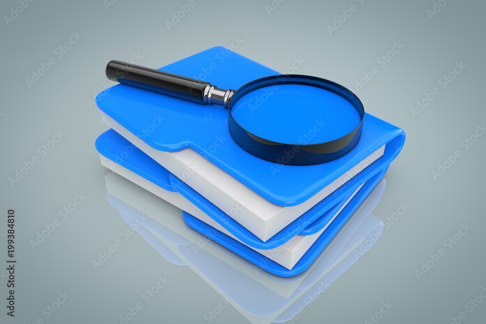 Aufkleber search files concept. magnifying glass over file folders. 3d rendering