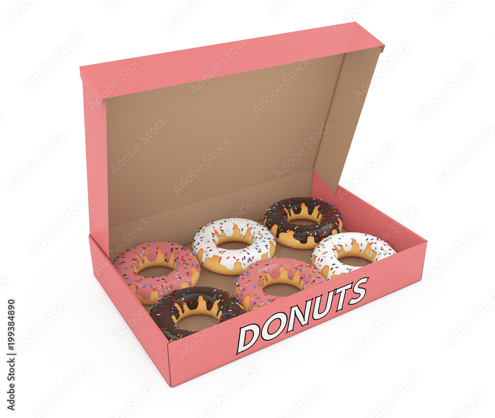 Aufkleber assorted sweet donuts in a paper cardboard box. 3d rendering