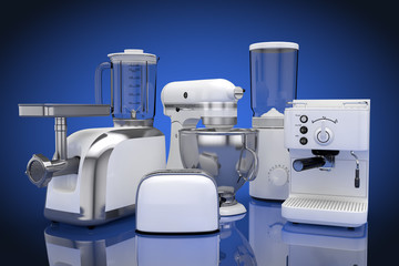 Kitchen Appliances Set. White Blender, Toaster, Coffee Machine, Meat Ginder, Food Mixer and Coffee Grinder. 3d Rendering