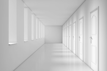 Modern Long Office, School, Hotel or Hospital Corridor. 3d Rendering