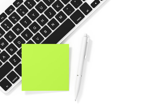 Copy Space Blank Sticky Note Paper with Pen and Keyboard. 3d Rendering