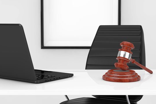 Workplace of Justice and Law Concept. Justice Gavel and Laptop on the table in front of Black Leather Office Chair. 3d Rendering