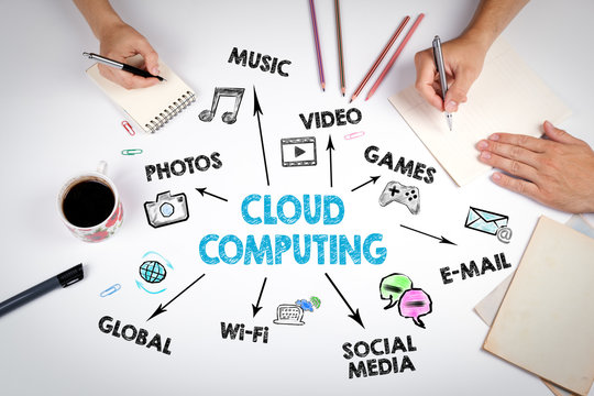 Cloud computing technology abstract Concept. The meeting at the white office table