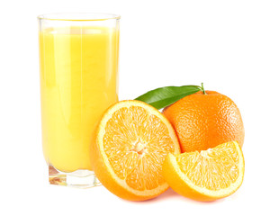 Fototapeta na wymiar orange juice with orange and green leaf isolated on white background. juice in glass