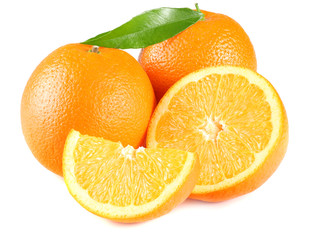 healthy food. orange with green leaf isolated on white background