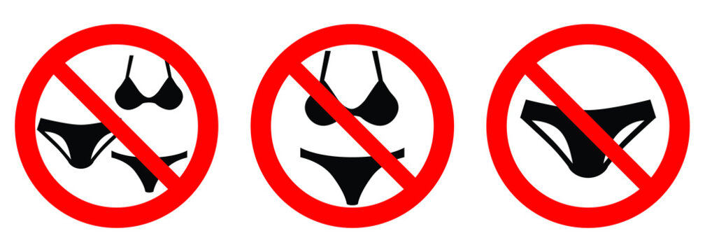 No swim wear, please dress in shop / please remove swimsuit in sauna sign. Black men briefs and women bikini symbol in red crossed circle