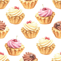 Hand drawn watercolor pink cherry, vanilla and chocolate cupcakes repeating pattern, colorful seamless background. Food dessert design.
