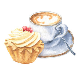 Watercolor coffee cup, hand drawn cappuccino with chortbread cupcake illustrations, isolated on white background. Food design.