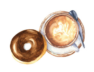 Watercolor hand drawn cup of coffee with chocolate donut, perfect breakfast dessert serving, food design, illustration isolated on white background.