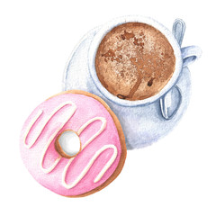 Watercolor hand drawn cup of coffee with strawberry pink donut, perfect morning dessert serving, food design, illustration isolated on white background.