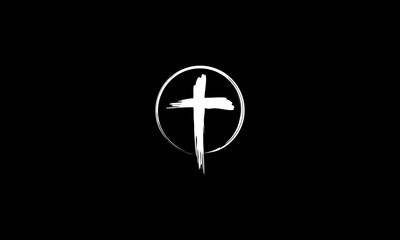 cross logo, Christianity symbol of Jesus Christ. Natural black and white brush strokes with Circle Design Template