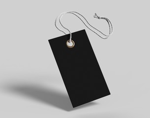 Blank tag tied with string. Price tag, gift tag, sale tag, address label isolated on grey background. 3d render illustration