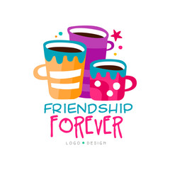 Original friendship logo template with three cups of tea and lettering. Abstract vector design for interest club, postcard or mobile app