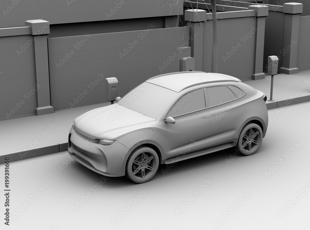 Poster clay rendering image of electric suv charging at charging station in the street. 3d rendering image.