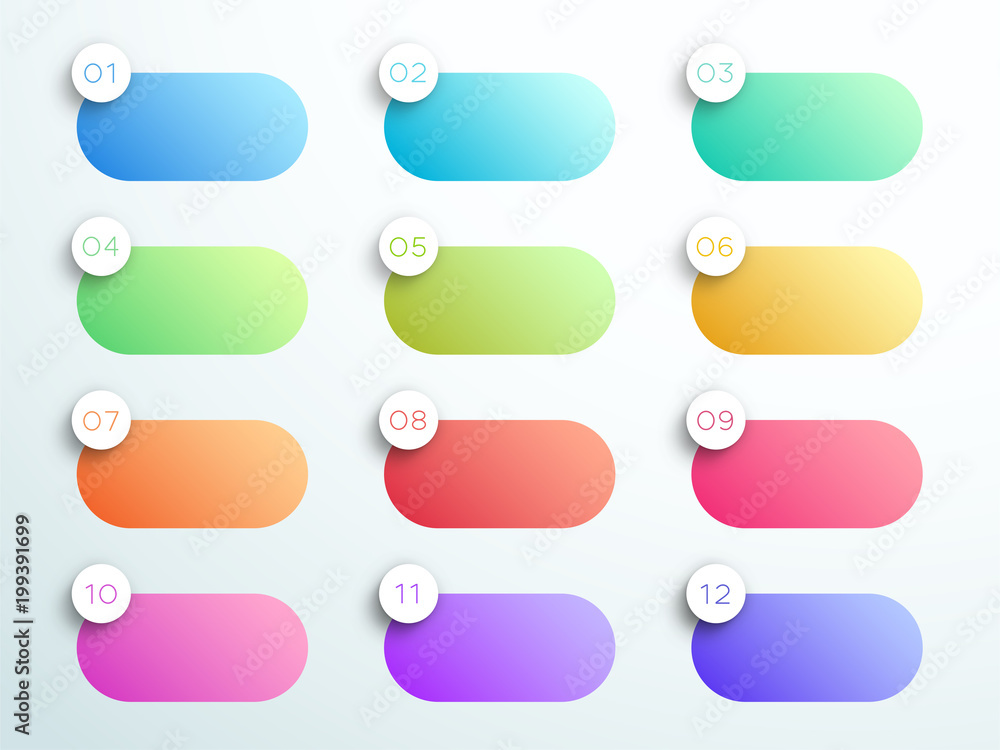 Poster numbered gradient rounded text boxes 1 to 12