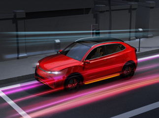 Metallic red electric SUV charging at parking lot with charging station in the street. Colorful light streaks effects. 3D rendering image.