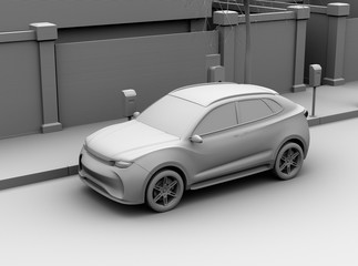 Clay rendering image of electric SUV charging at charging station in the street. 3D rendering image.