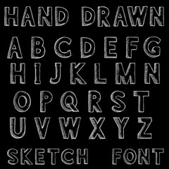 Font. Alphabet letters in grunge dirty style. Hand drawn sketch on black background